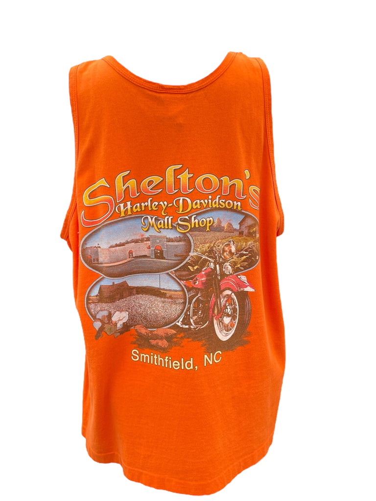 Orange tank top with 'Shelton's Harley-Davidson' graphic design on a white background