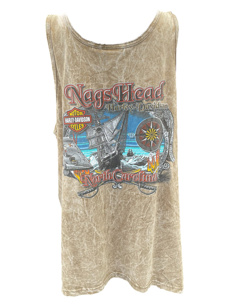 Beige tank top with Nags Head graphic design on a white background