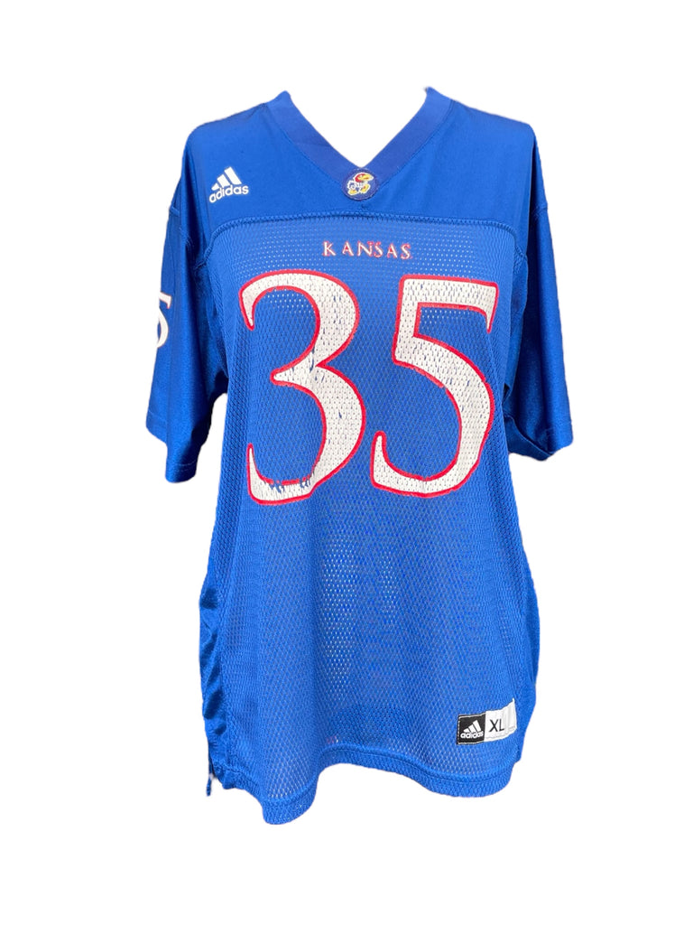 Blue sports jersey with number 35 and 'Kansas' text on a white background