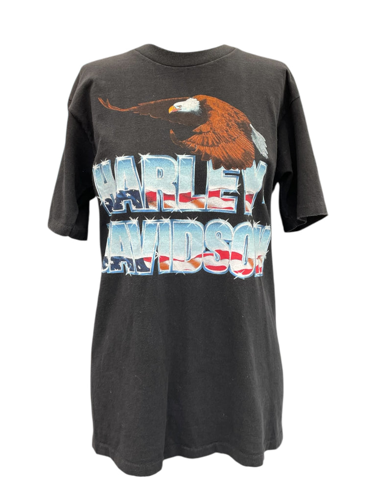 Black t-shirt with Harley Davidson logo and eagle design on a white background