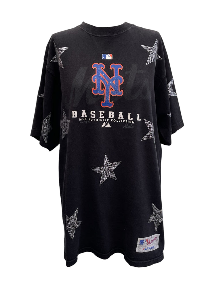 Black t-shirt with star patterns and a baseball logo on a white background