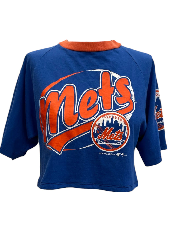 Blue sports jersey with orange text and logo on a white background