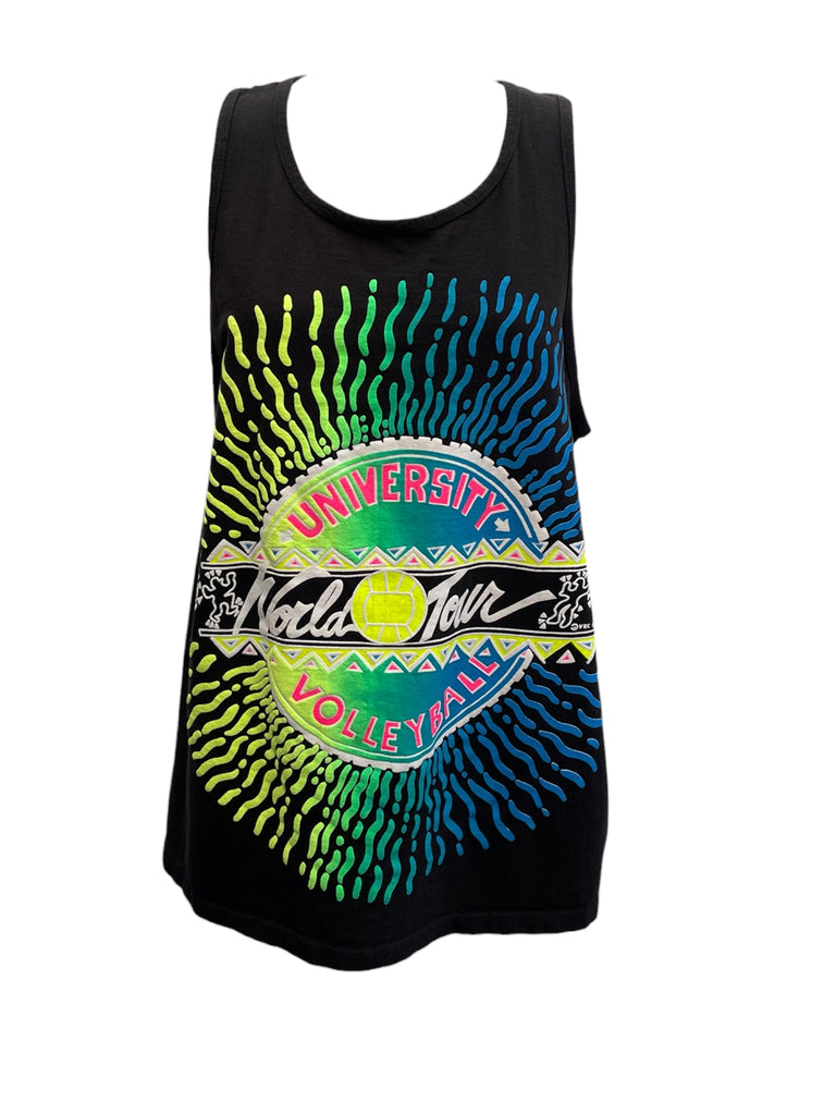 Black tank top with colorful 'University of Nola Tour Volleyball' design on a white background