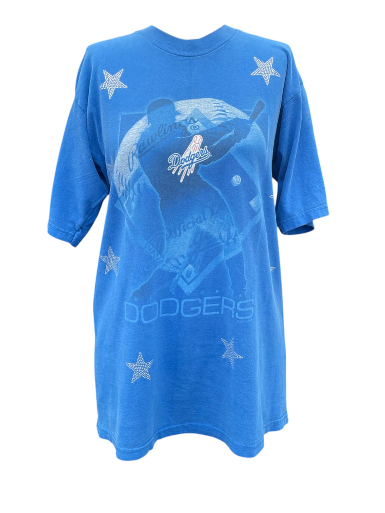 Blue t-shirt with a baseball player graphic and 'Dodgers' text on a white background