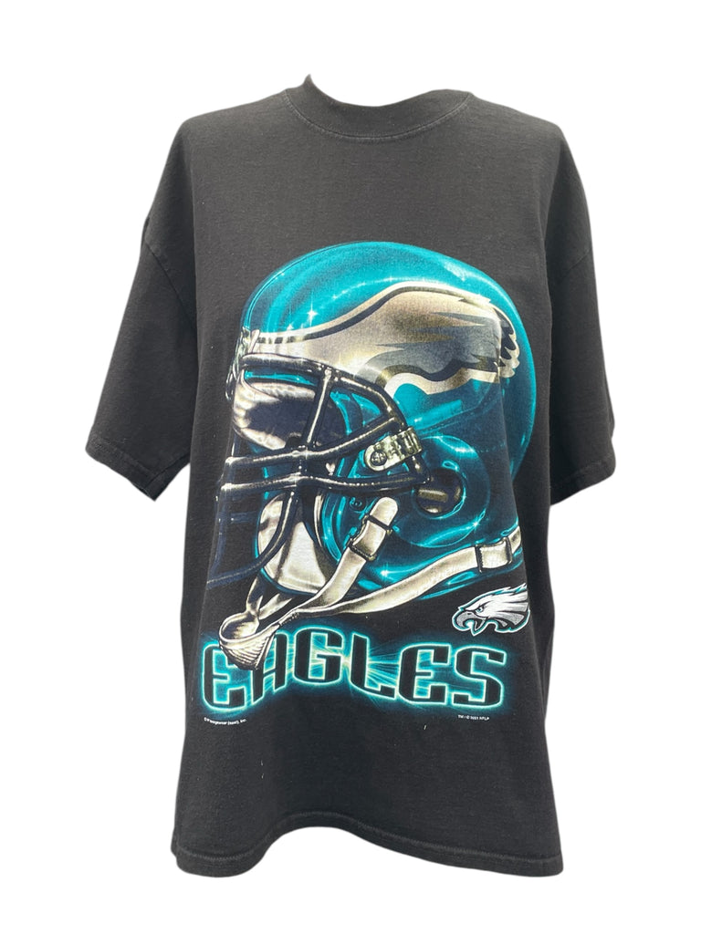 Black t-shirt with a football helmet graphic and 'Eagles' text on a white background