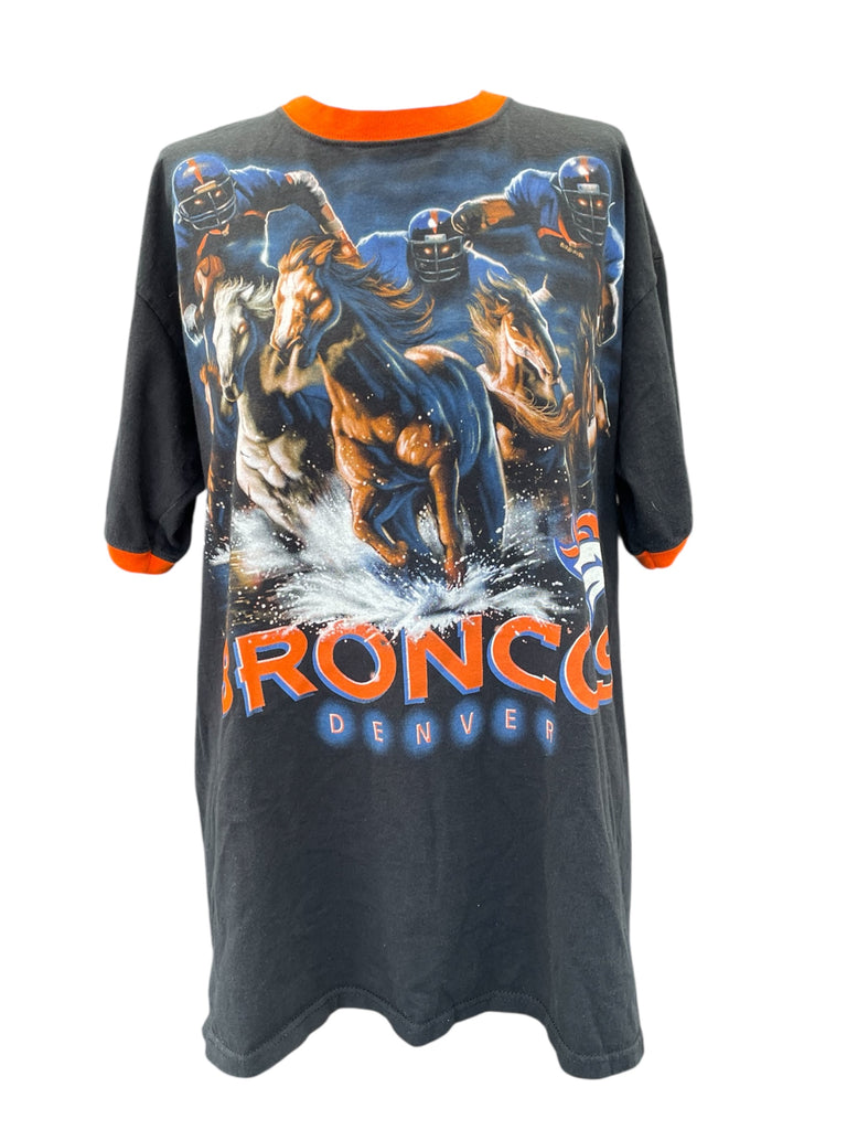 Gray t-shirt with Broncos graphic design on a white background
