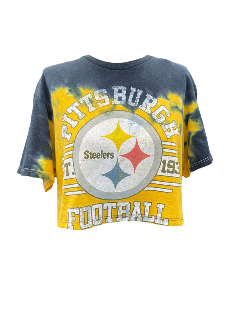 Tie-dye t-shirt with Pittsburgh Steelers logo on a white background