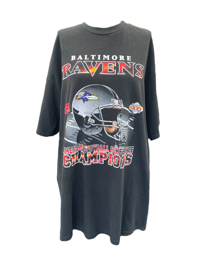 Black t-shirt with Baltimore Ravens logo and text on a white background