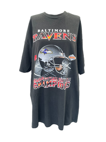 Black t-shirt with Baltimore Ravens logo and text on a white background