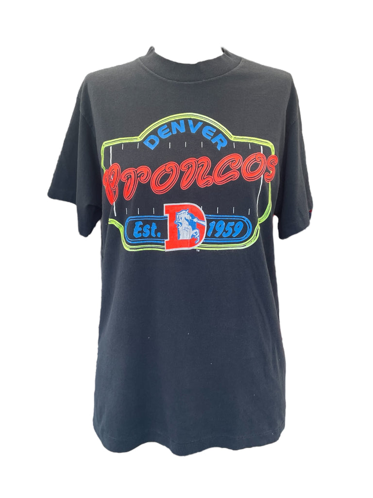 Black t-shirt with Denver Broncos logo on a white background