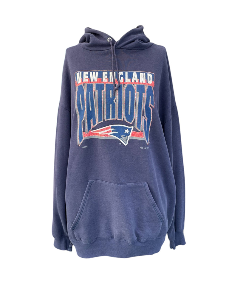 Blue hoodie with 'New England Patriots' text and logo on a white background