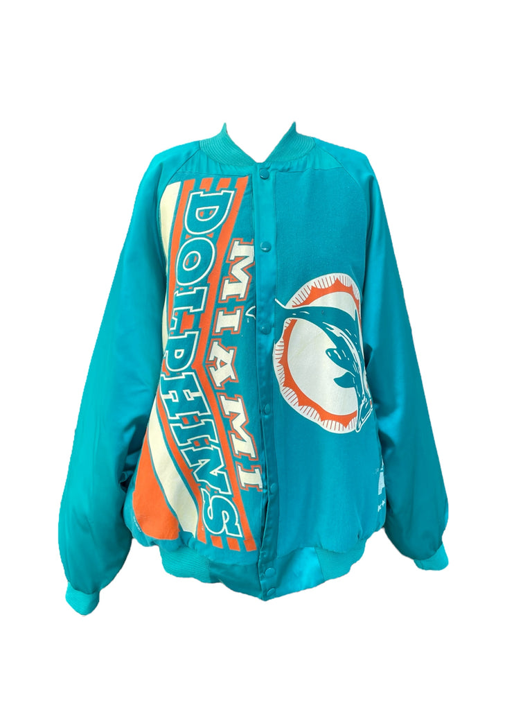 Turquoise jacket with Miami Dolphins logo and text on a white background
