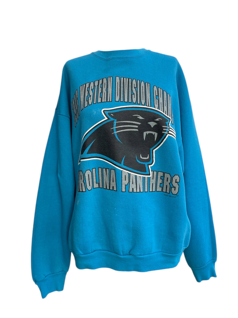Blue Carolina Panthers sweatshirt with panther logo on a white background
