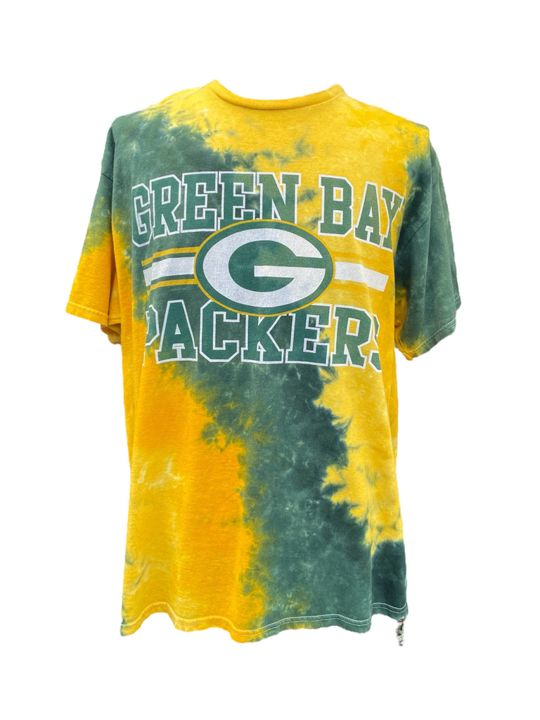 Tie-dye Green Bay Packers t-shirt with green and yellow colors on a white background