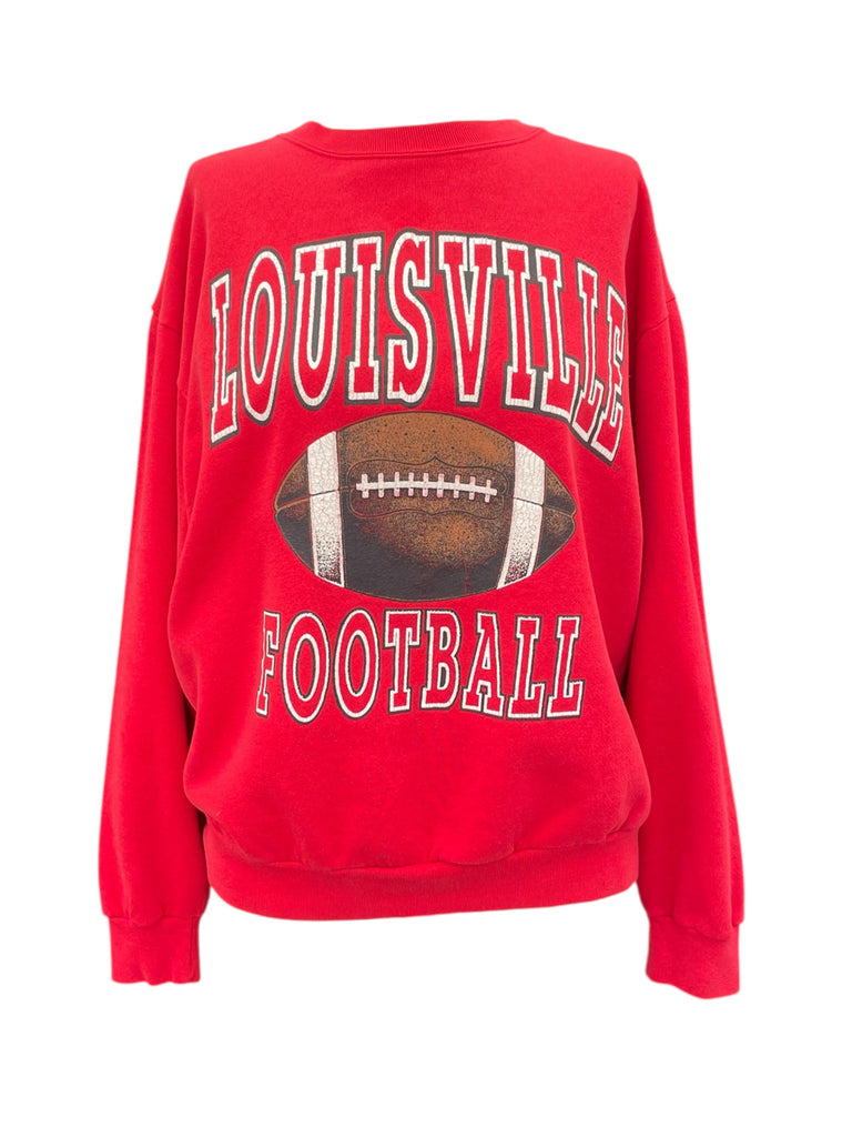 Red sweatshirt with 'Louisville Football' text and football graphic on a white background