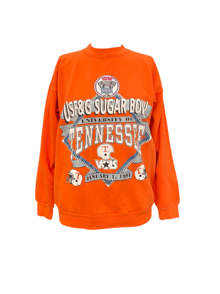 Orange sweatshirt with text and graphics on a white background