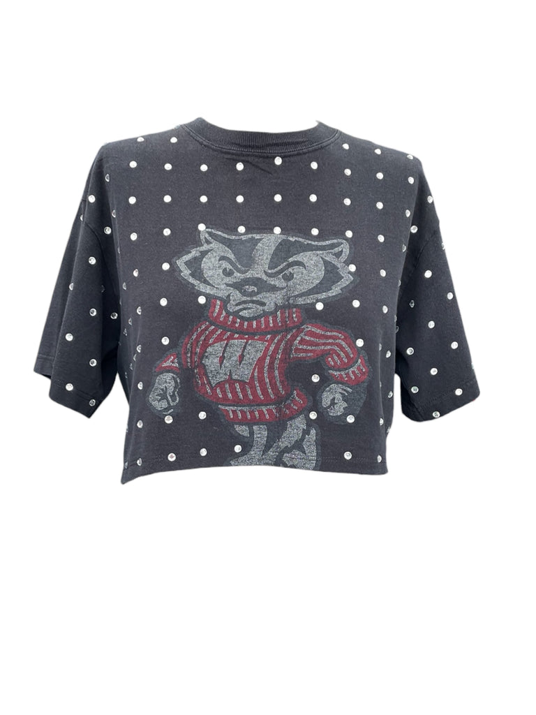 Dark gray sweater with a raccoon design and white polka dots on a white background