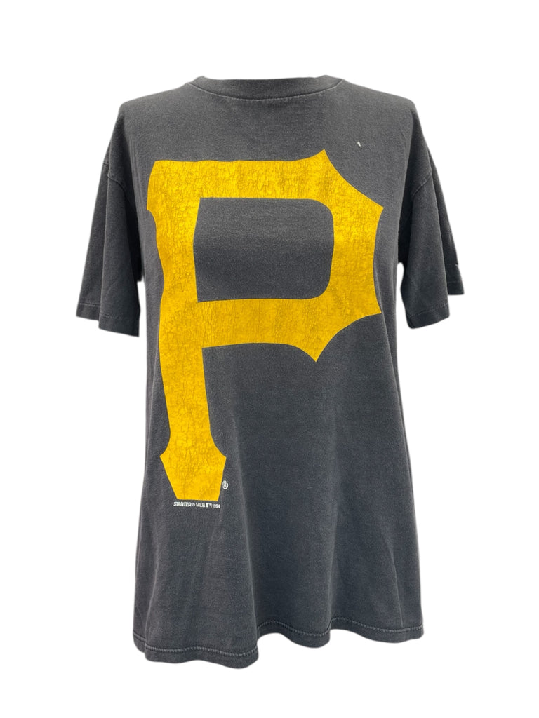 Gray t-shirt with a large yellow 'P' logo on a white background