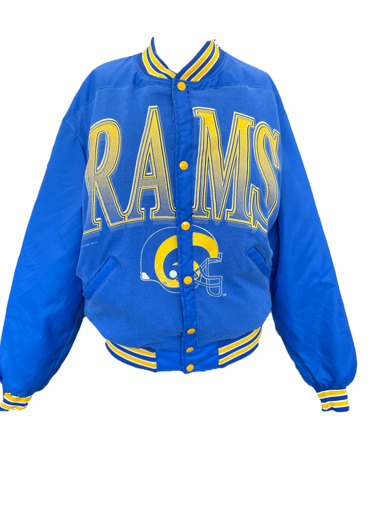 Blue varsity jacket with 'RAMS' text and logo on a white background
