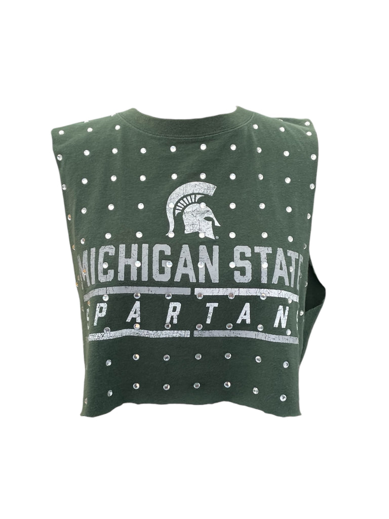 Green crop top with Michigan State Spartans logo and text on a white background