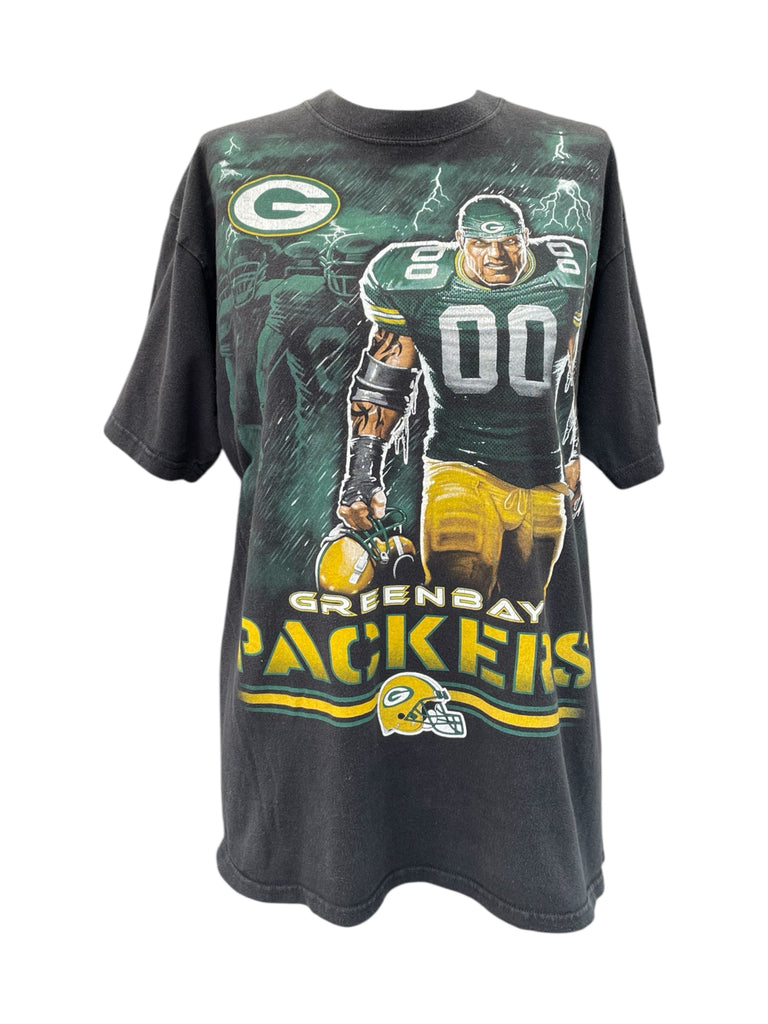 Black t-shirt with Green Bay Packers graphics and text on a white background