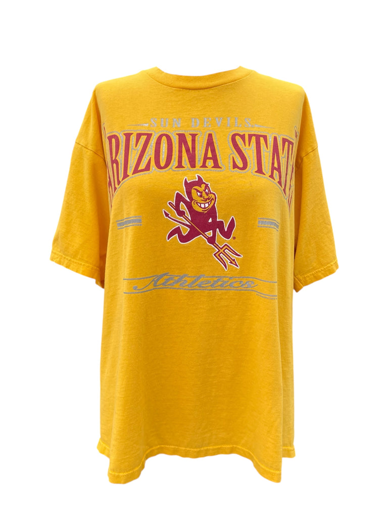 Yellow t-shirt with Arizona State logo on a white background