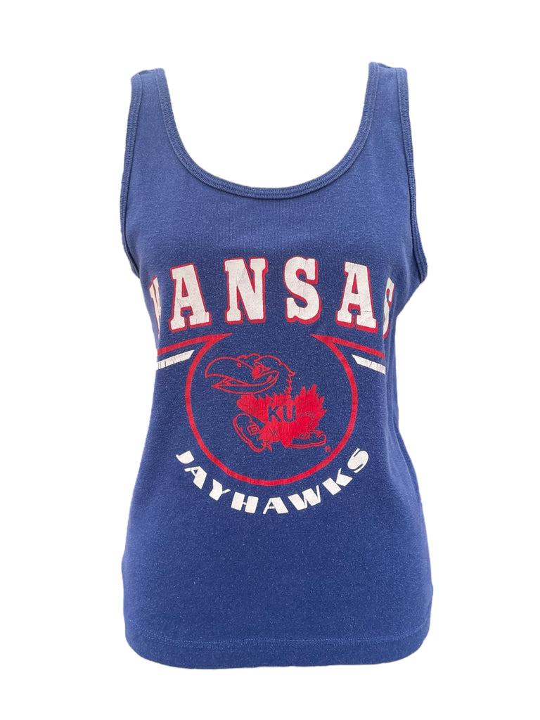 Blue tank top with 'Kansas Jayhawks' logo on a white background