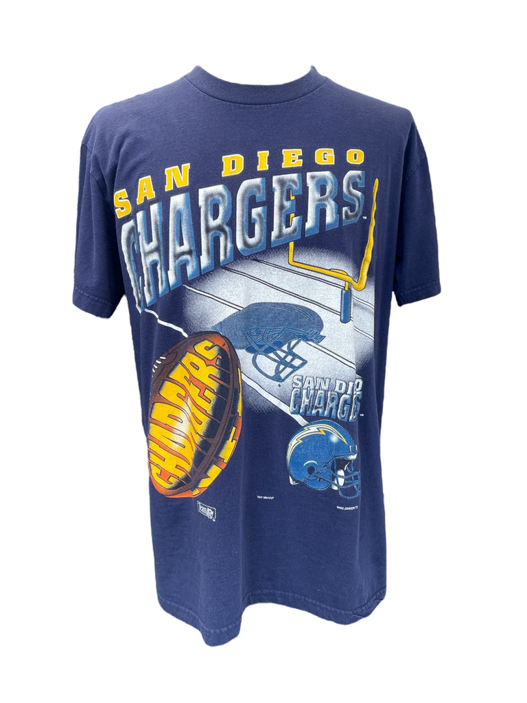 Navy blue t-shirt with San Diego Chargers graphics on a white background