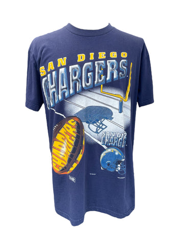 Navy blue t-shirt with San Diego Chargers graphics on a white background