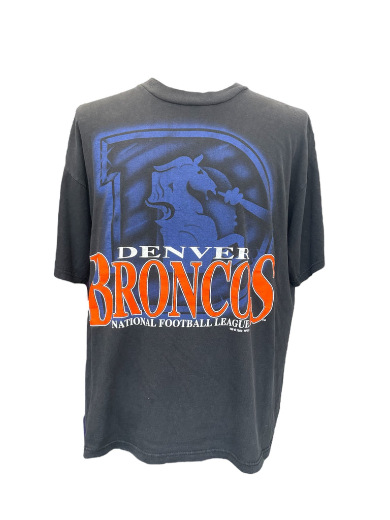 Gray t-shirt with Denver Broncos logo and text on a white background