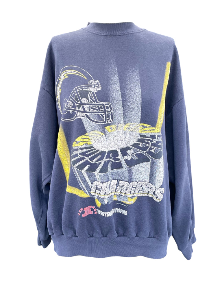 Blue sweatshirt with graphic design on a white background