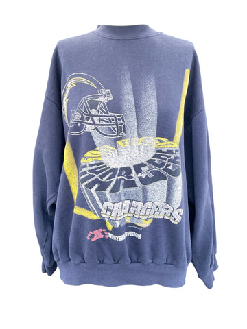 Blue sweatshirt with graphic design on a white background