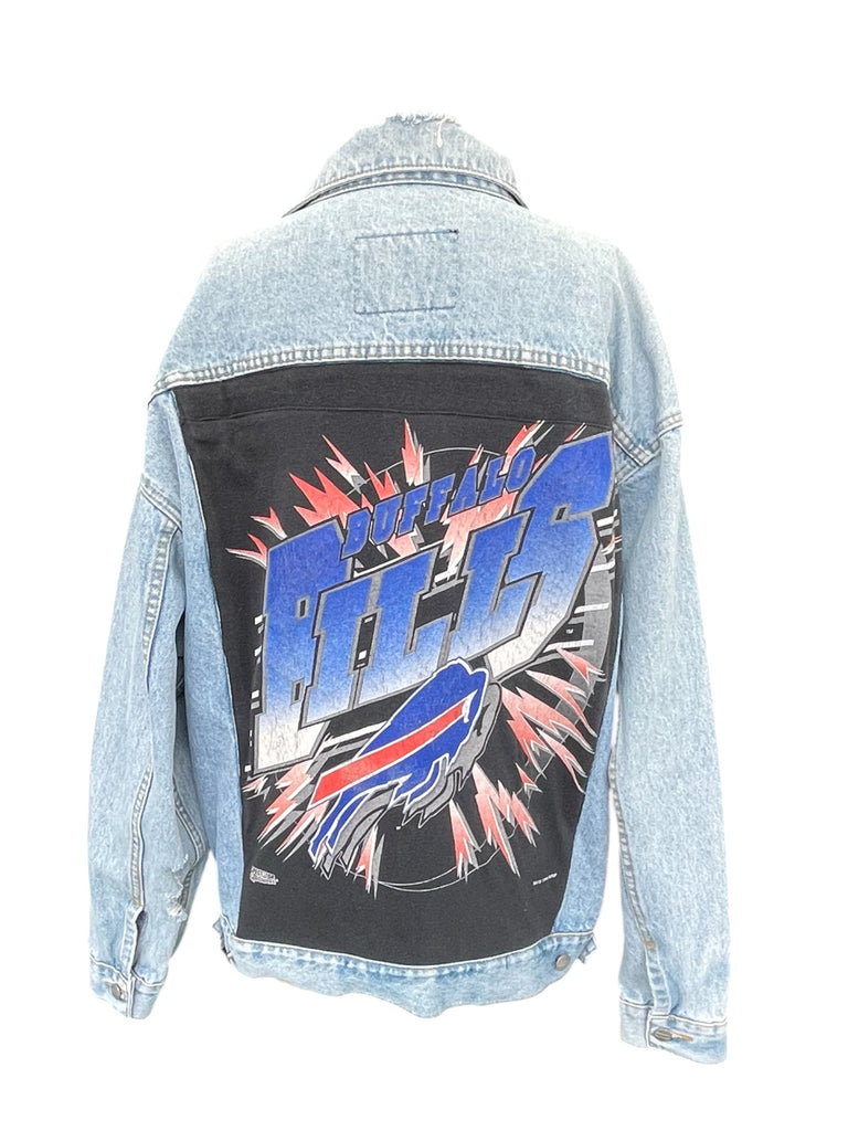 Denim jacket with 'Buffalo Bills' logo on the back against a white background