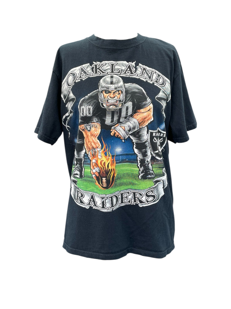 Black t-shirt with Oakland Raiders football player graphic on a white background