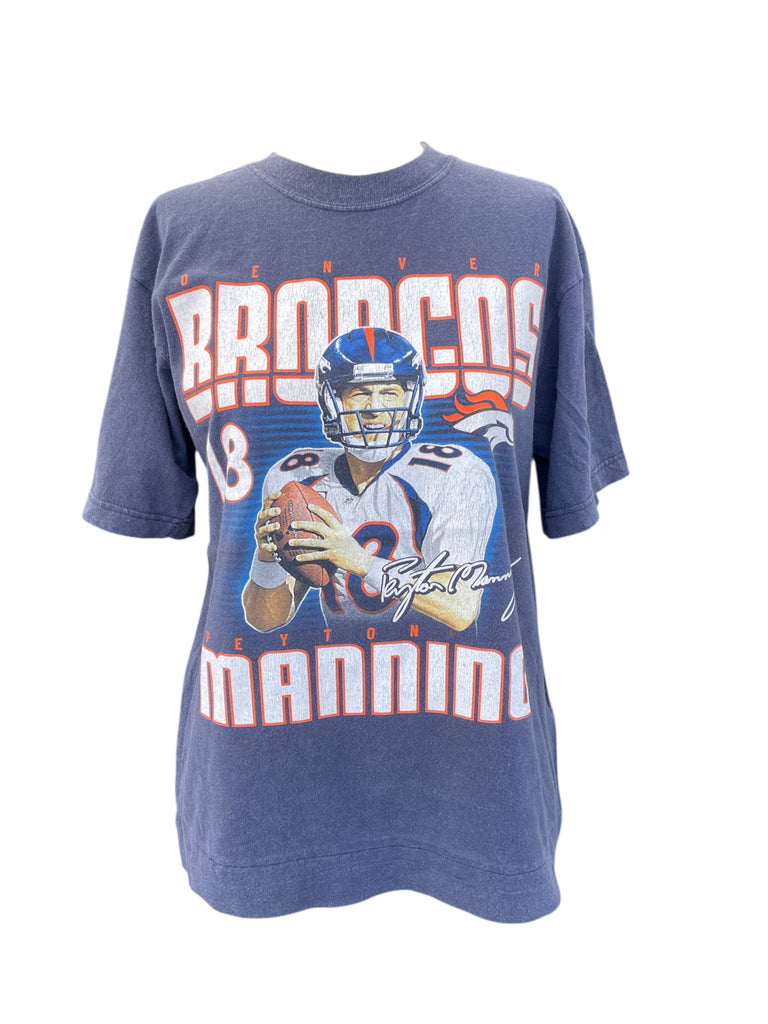Blue t-shirt with football player graphic and 'Broncos' text on a white background