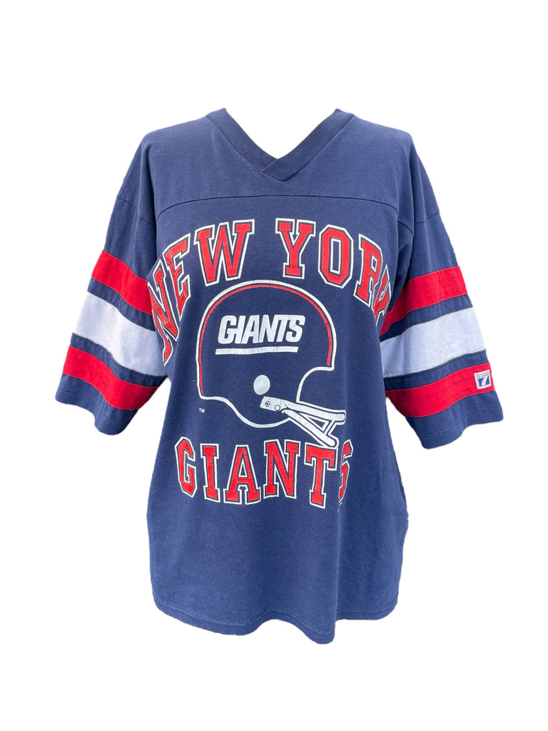 Blue New York Giants jersey with red and white accents on a white background
