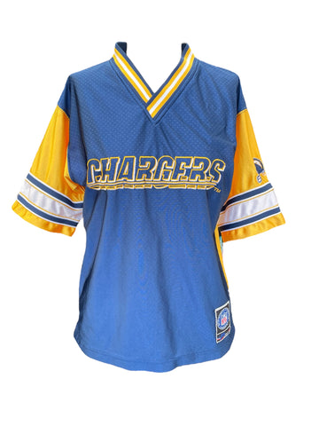 Blue and yellow Chargers jersey on a white background