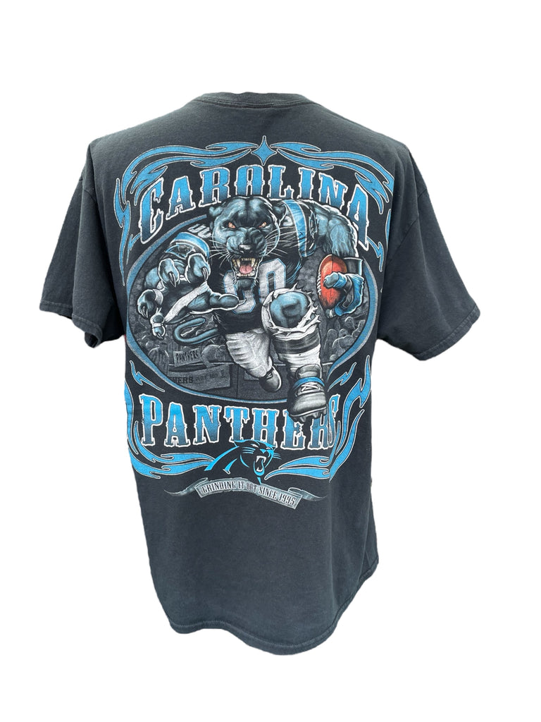 Black t-shirt with Carolina Panthers graphic design on a white background