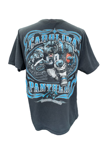 Black t-shirt with Carolina Panthers graphic design on a white background