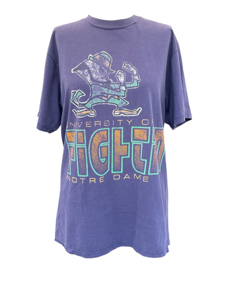 Purple t-shirt with 'University of Fighting Notre Dame' text and logo on a white background