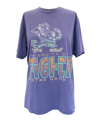 Purple t-shirt with 'University of Fighting Notre Dame' text and logo on a white background