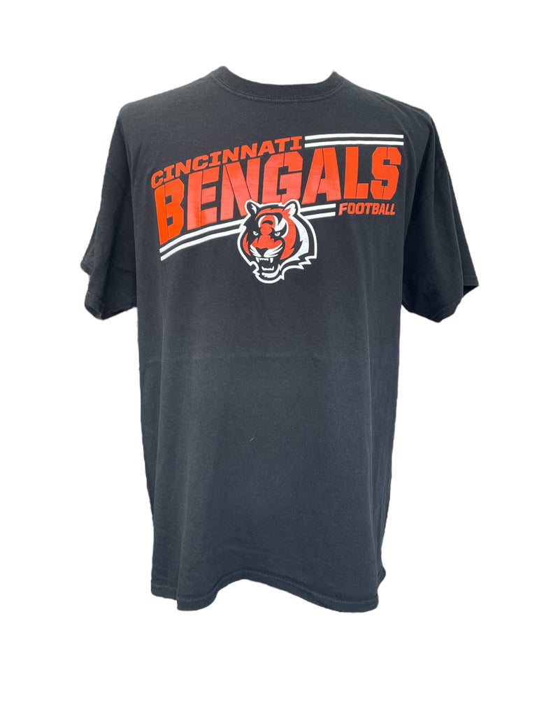 Black t-shirt with Cincinnati Bengals logo and text on a white background