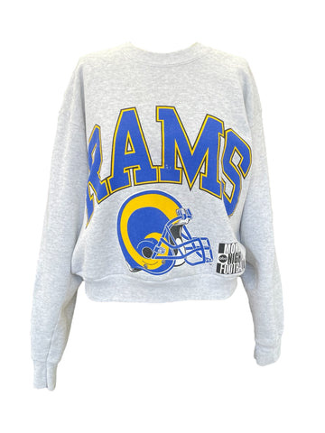Gray sweatshirt with 'RAMS' text and logo on a white background