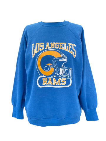 Blue sweatshirt with Los Angeles Rams logo on a white background
