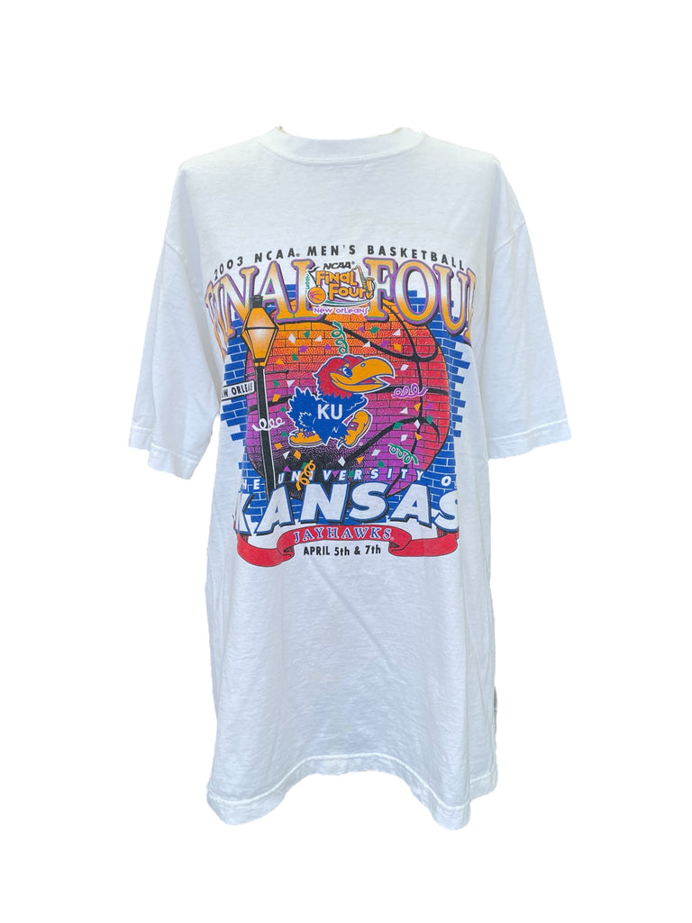 White t-shirt with colorful graphic design on a white background