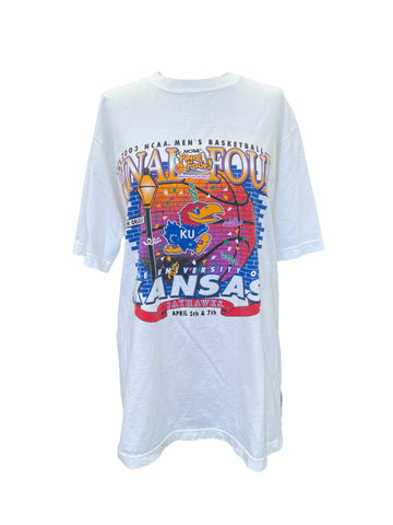 White t-shirt with colorful graphic design on a white background