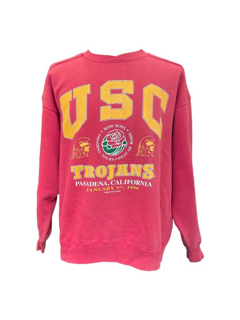 Red sweatshirt with yellow USC Trojans text and graphics on a white background