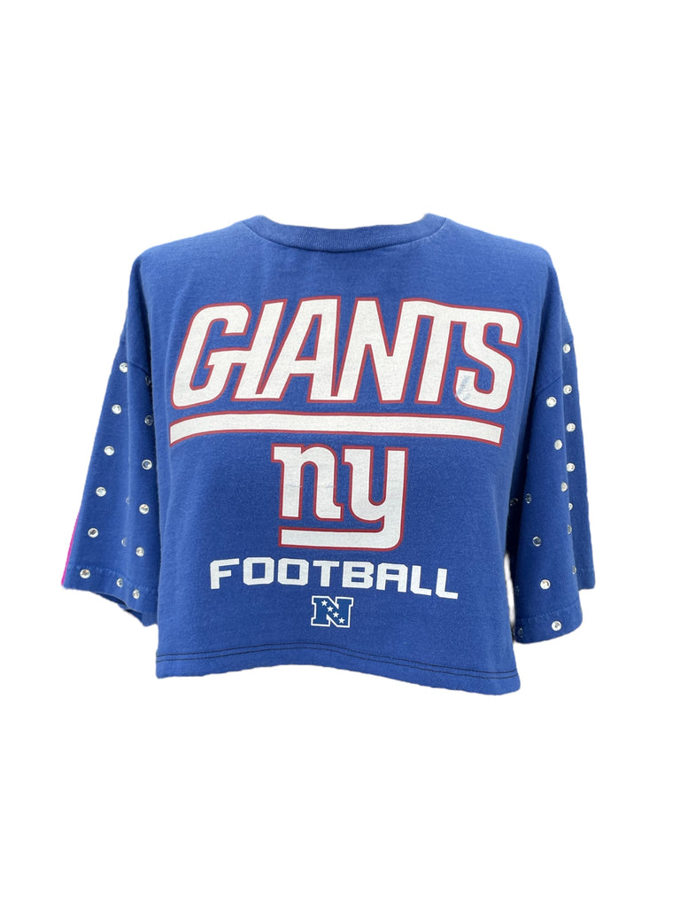 Blue crop top with 'Giants' and 'Football' text on a white background