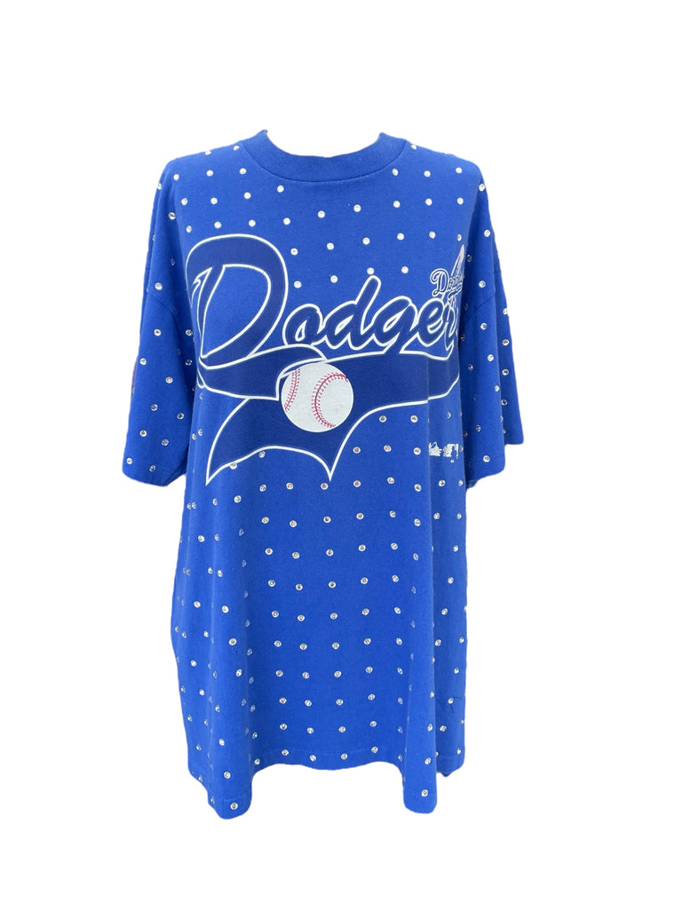 Blue rhinestone tee with 'Dodgers' logo on a white background