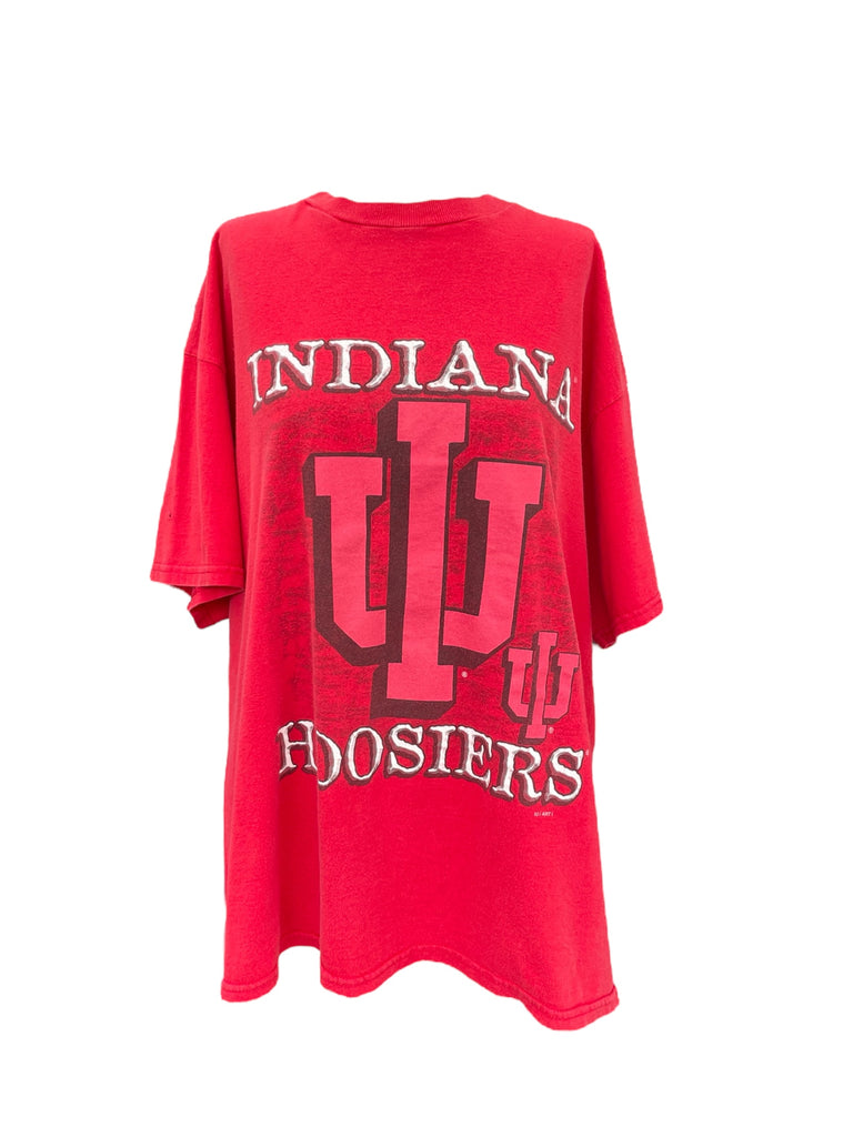 Red t-shirt with 'Indiana Hoosiers' text on a white background